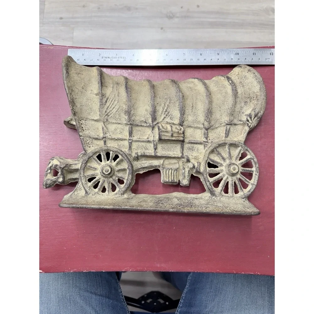 Antique Vintage Heavy Cast Iron Door Stop‎ Old West Covered Carriage Wagon 12
